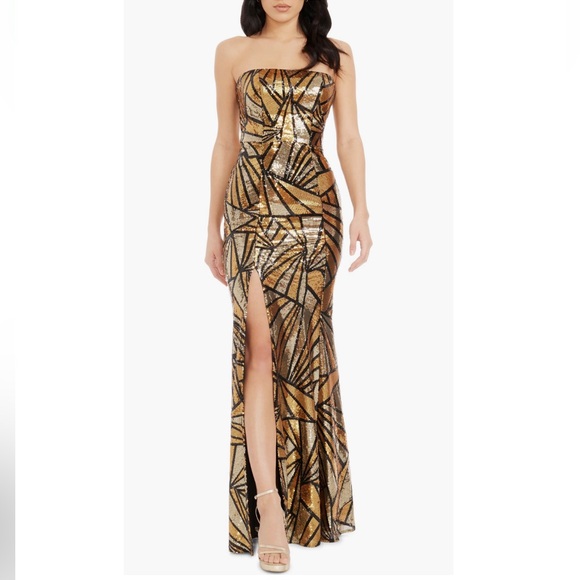Dress the Population Gold Janelle Abstract Print Sequin Strapless Trumpet Gown